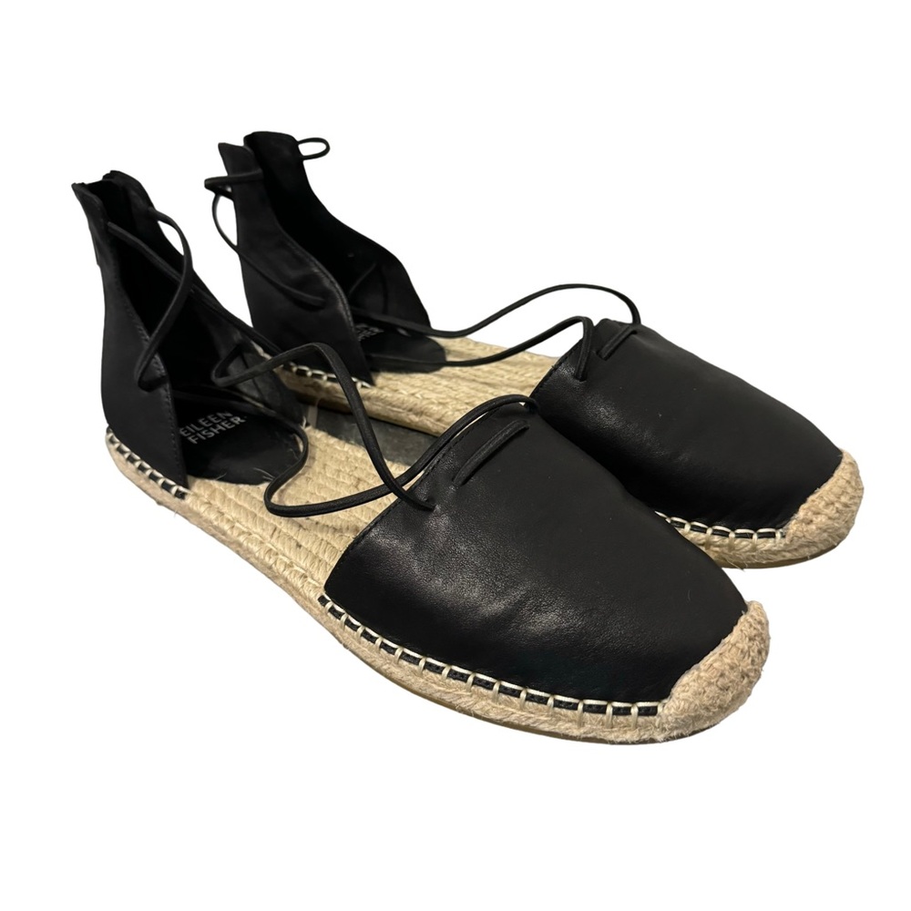 Eileen Fisher Black Leather Lace Up Espadrille Flats Back Zip Shoes Womens 9.5